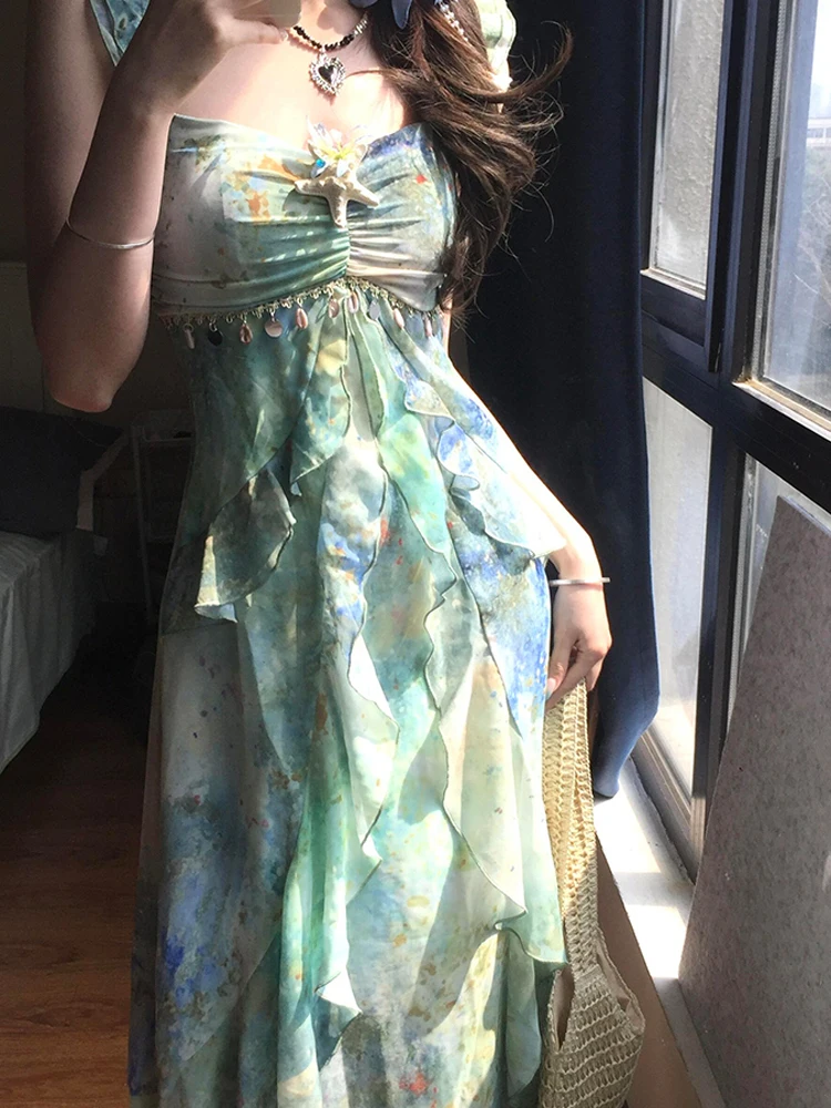 Ele Sommer Blumendruck Lang Dr Damen Trägerkleid Hohe Taille A-Linie Silhouette V-Neline Casual Vintage Sle