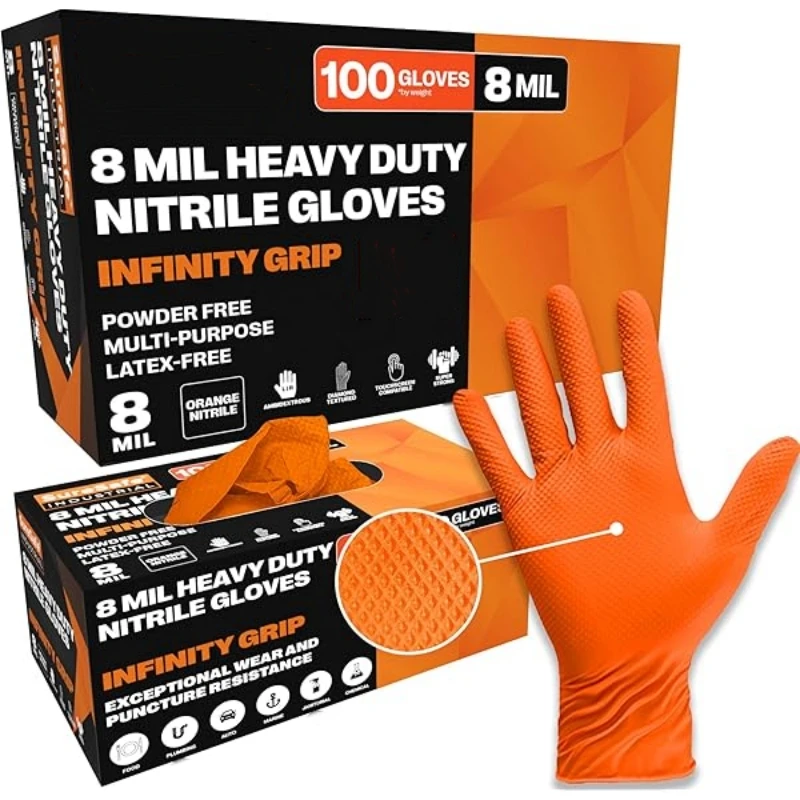 8mil Heavy Duty Orange Nitrile Gloves Disposable Kitchen Gloves for Household Cleaning Beauty Salon Tattoo Working Gloves