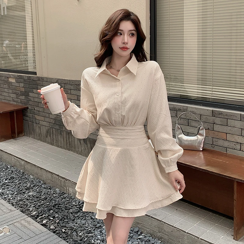 Robe Chemise Française Décontractée à Manches sulfpour Femme, Jupe Courte, Taille Plissée, Bords à Volants, Tempérament de Dégradation, Nouvelle Collection Printemps