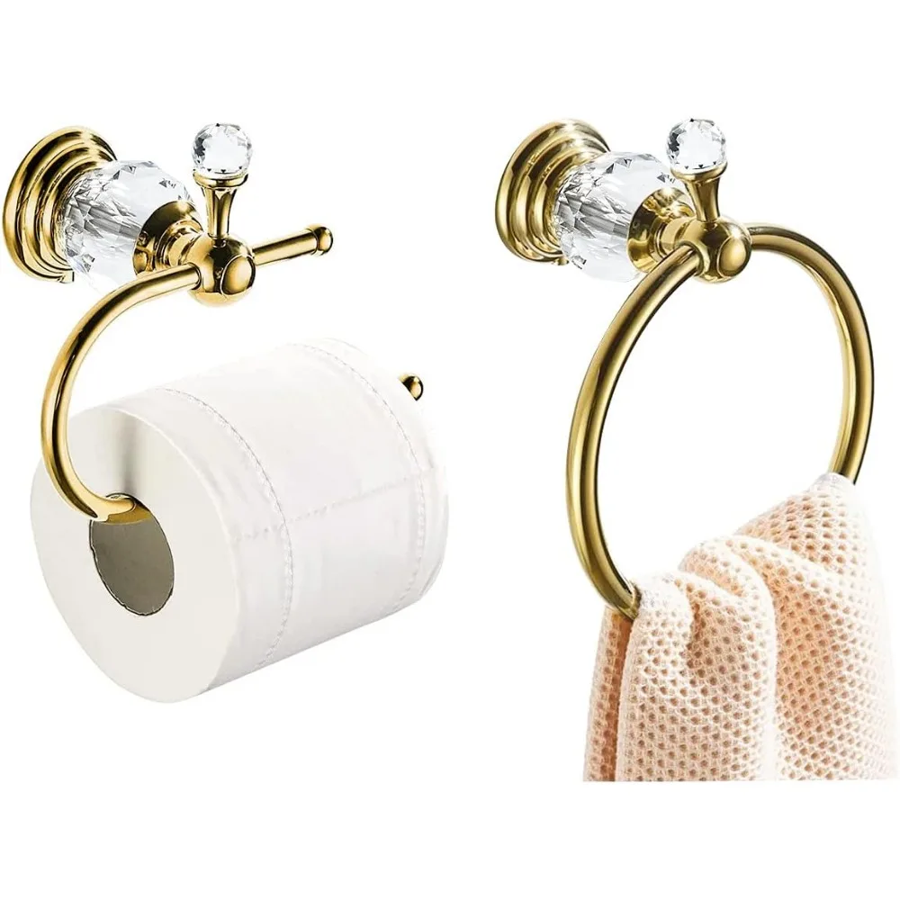 

Gold Wall-Mounted Crystal Towel Ring and Toilet Paper Holder Set with Hand Towel Hook and Tissue Roll Holder