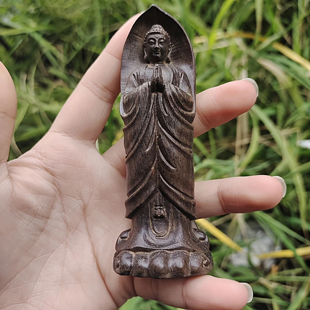 Wooden Standing Buddha Statue Ornament Zen-Inspired Home and Temple Decoration Traditional Wood Carving Buddhist Artwork Robe-Style Craft Ornament Christmas Meditation Gift