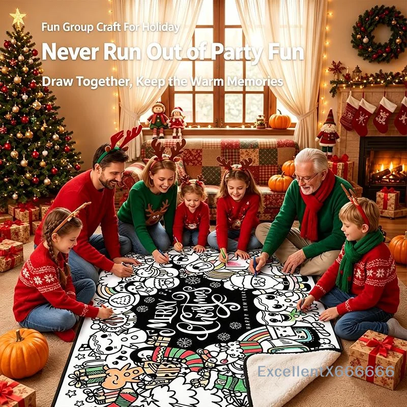 Reusable Giant Doodle Coloring Blanket with 24 Washable Markers Large Soft Throw for Toddlers Creative Play Home Decoration