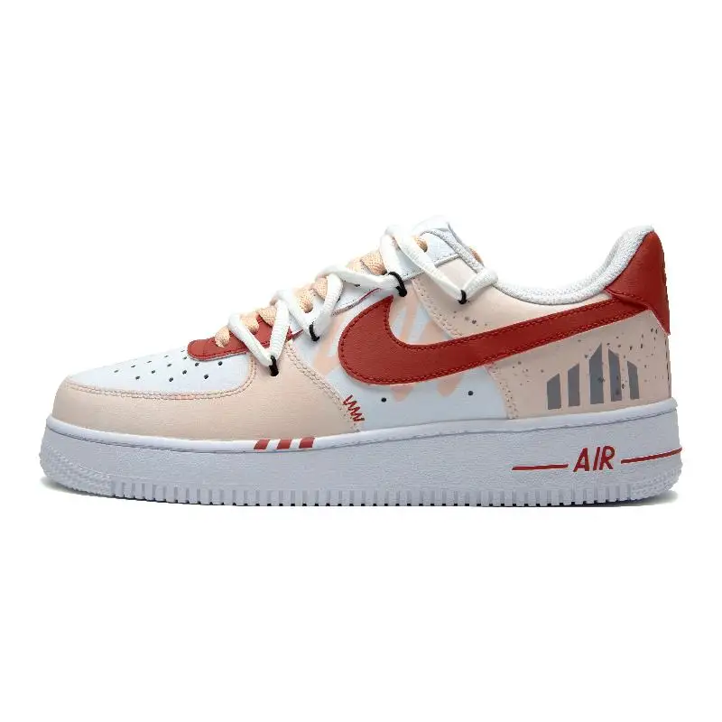 

[Индивидуальный красный знак] Nike Air Force 1, красный штамп, противоскользящие и износостойкие легкие низкие туфли для скейтборда GS, бежевый, красный