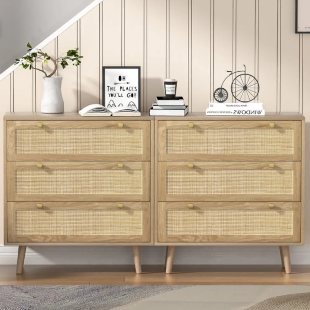 Rattan Chest of Dressers, Modern Wooden Dresser Wide Chest of Drawers with Golden Handles, 3 Drawer Dresser Storage Chest