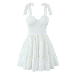 2025 Women Floral Openwork Embroidery Sling Mini Dress Cotton Summer Black White Party Dresses Holiday Robe Lace Up Vestidos