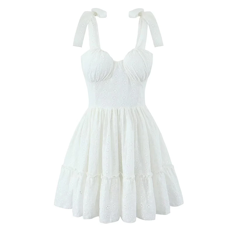 2025 Women Floral Openwork Embroidery Sling Mini Dress Cotton Summer Black White Party Dresses Holiday Robe Lace Up Vestidos