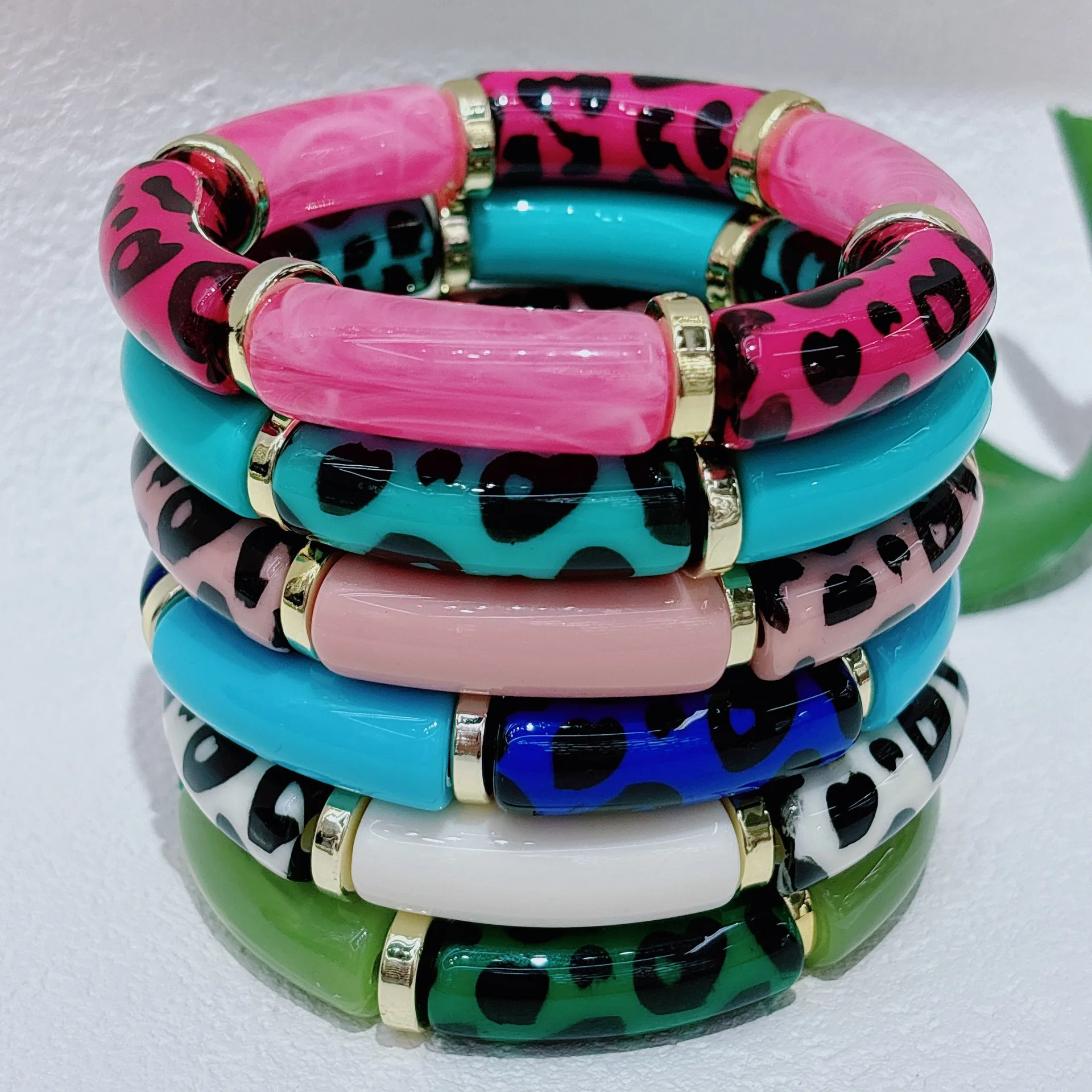 Personalidade da moda nova leopardo impressão tubo curvo pulseira tubo de bambu curvo senhoras pulseira de corda elástica