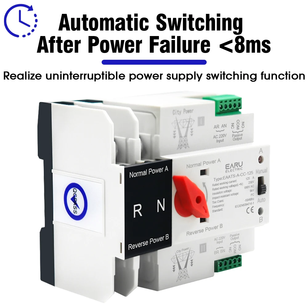 EARU ATS 2P 4P 125A AC 110V 230V Solar PV Dual Power Automatic Transfer Switch Electrical Selector Switch Uninterrupted Power