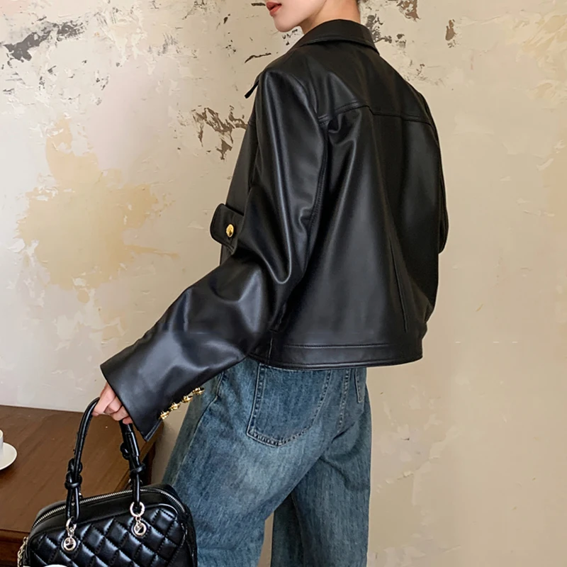 عالية الجودة معاطف السترة الجلدية الحقيقية 2026 جديد إمرأة أسود عادية سستة سترة جلد الغنم موضة قصيرة سترة جلدية فام #5