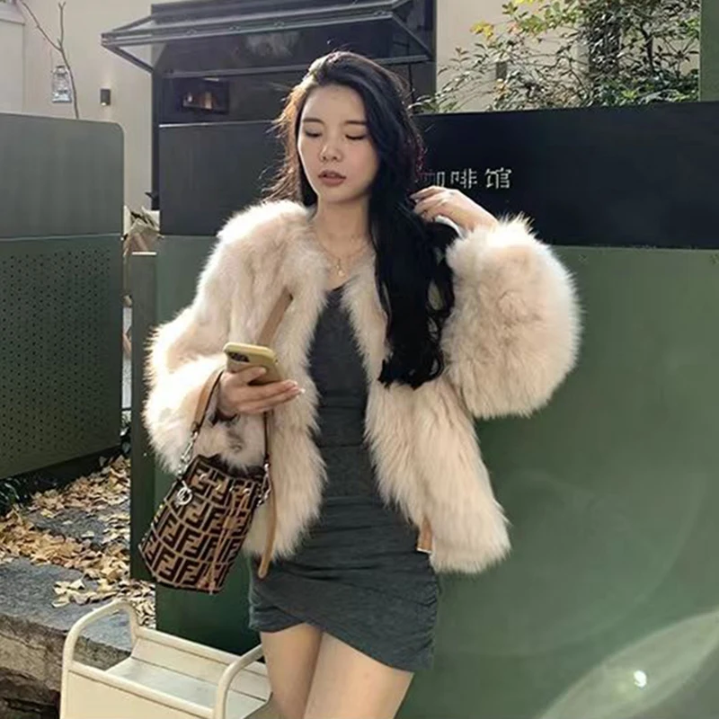 Veste coréenne élégante en fausse fourrure pour femme, manteau épais et chaud, manches longues, décontracté, col rond, bureau, vêtements d'extérieur courts, automne hiver