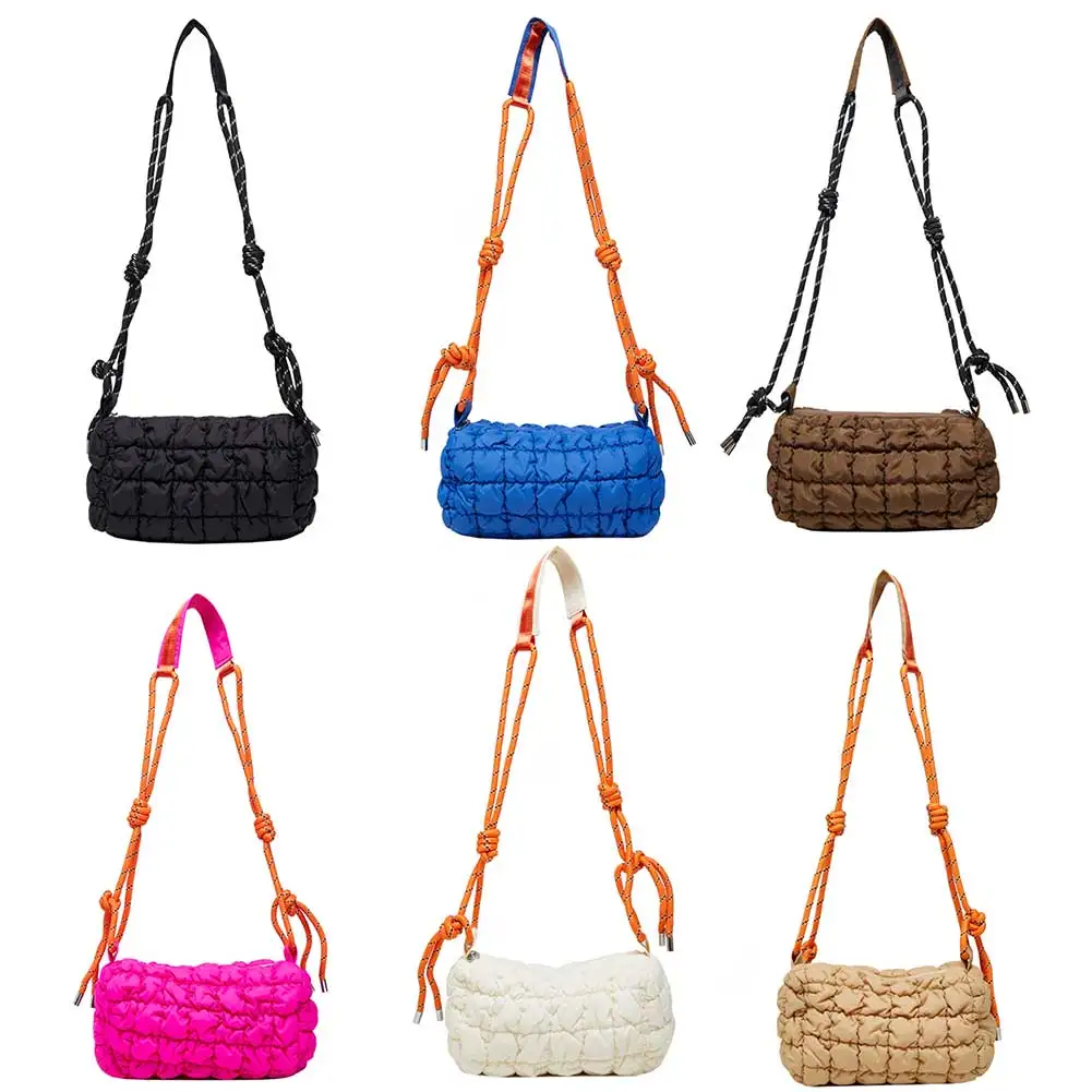 

Women Soft Shoulder Bag with Braided Rope Strap Padded Crossbody Bag Zipper Closure Quilted Nylon Bag Daily Bag for Female