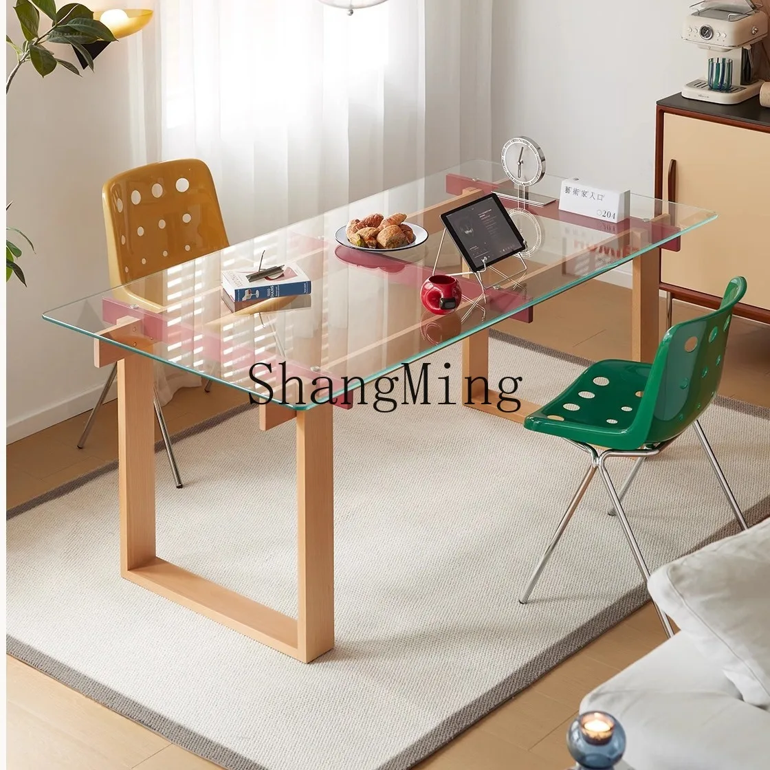 

CL tempered glass dining table living room modern solid wood rectangular table ash wood long table workbench