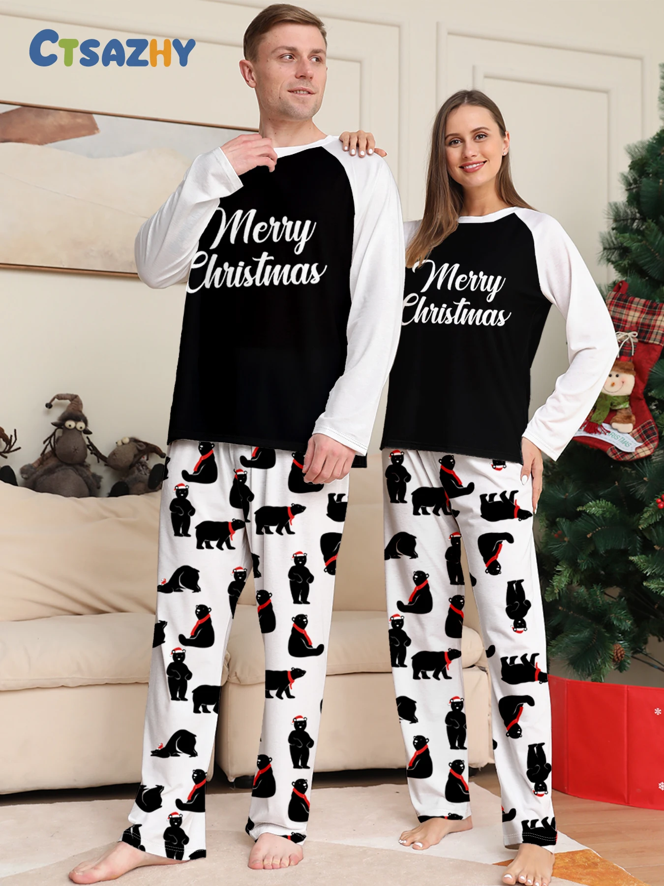 

Cozy Christmas Couple Pajamas: 'Merry Christmas' - Themed Raglan Tops, Bear - Patterned Pants