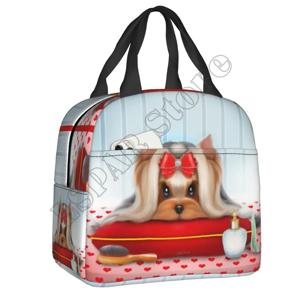 Cute Ribbon Yorkie Love Dog Lunch Bags for Women Boy Girl Reusable Insulated Lunch Box Suitable Travel Work Picnic Beach Office