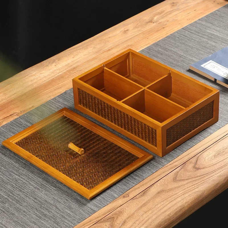 Handmade Bamboo Dried Fruit Storage Box Retro Woven Snack Tray Desktop Candy Nut Plate Home Decor Grid Organizer for Seeds