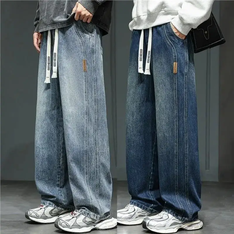 

Retro Waed Loose Wide Leg Casual Men's Jeans Spring Autumn Comfortable Breathable Loose Straight Cut Resistant Elastic Waist