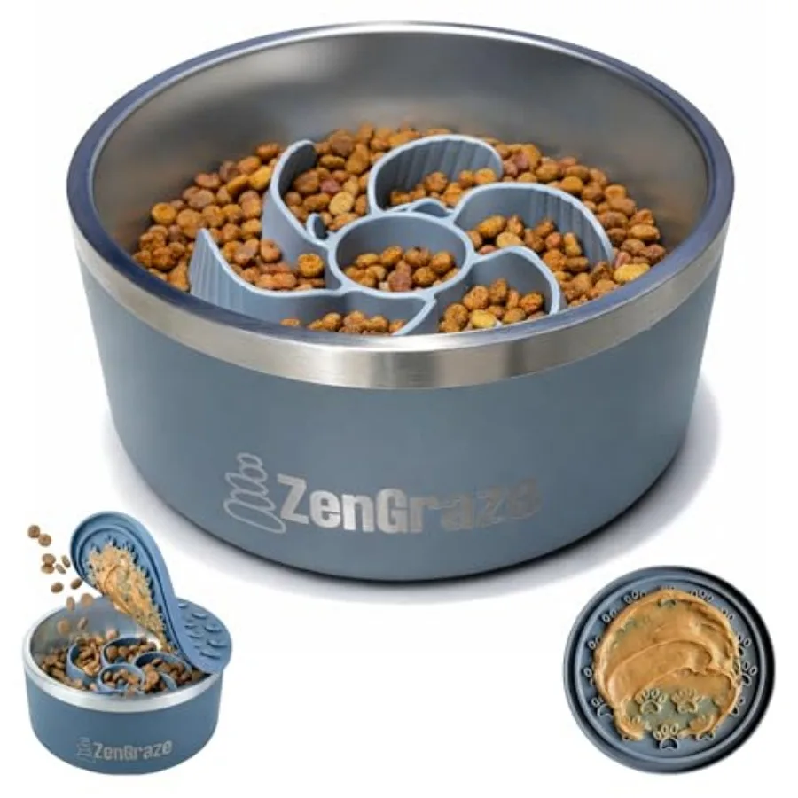 

Stainless Slow Feeder Dog Bowl for Large Dogs 64 oz Non-Slip Base with Textured Lick Mat Lid and Silicone Slow Feeder Insert De
