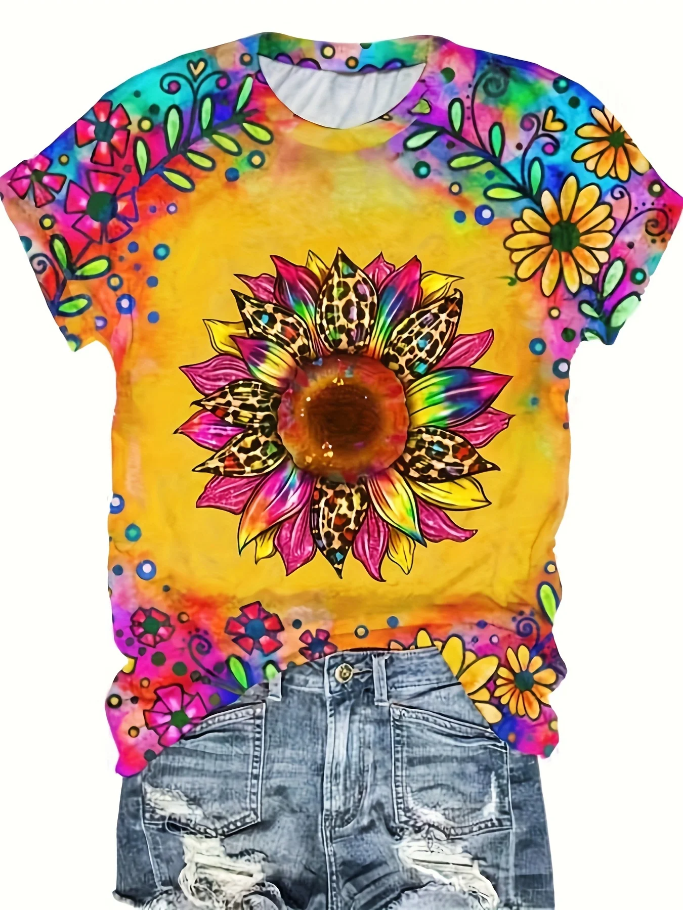 Summer new women's short sleeved clothing Sunflower 3D printed T-shirt casual round neck short sleeved Harajuku clothing