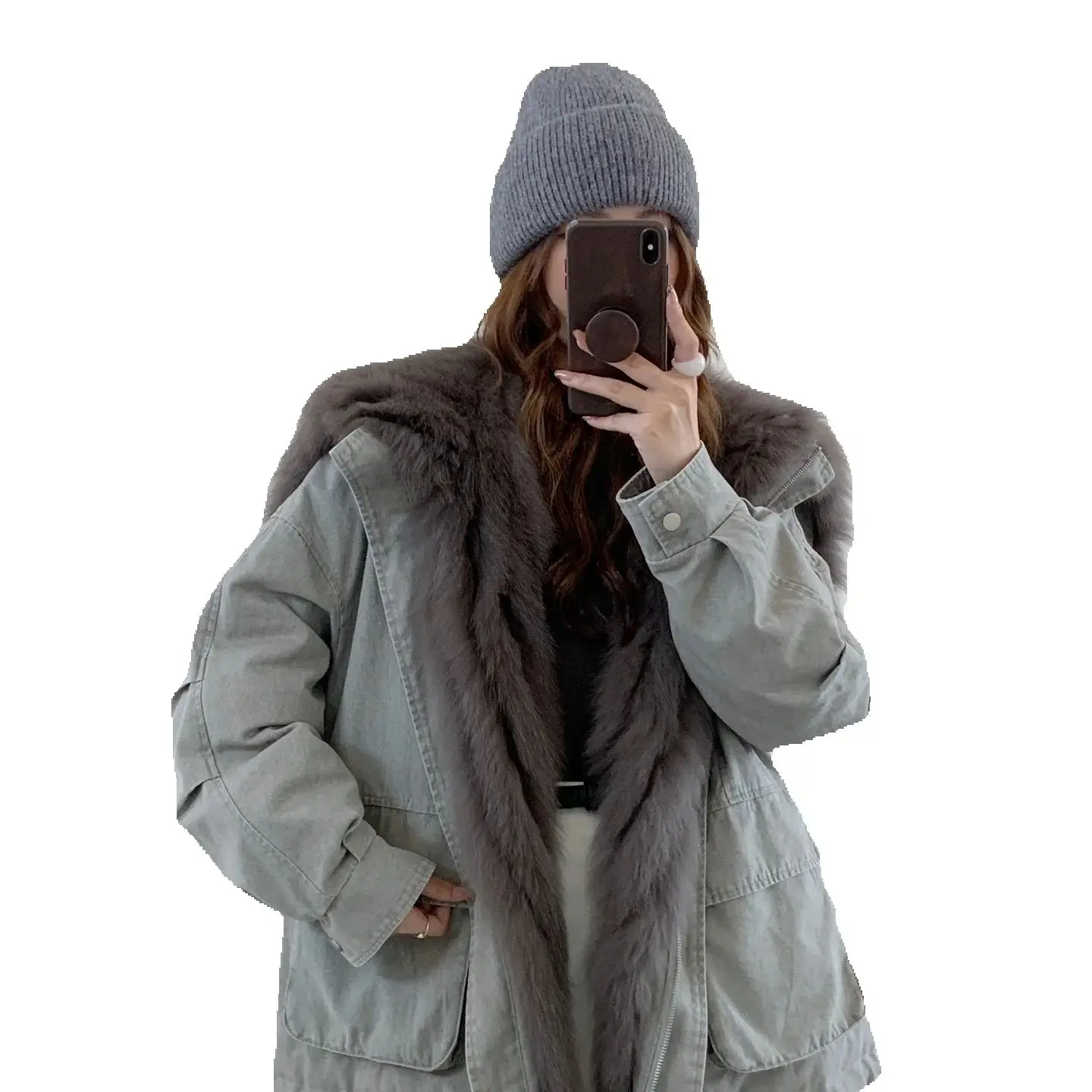 Women's 2025 winter coat with fox fur, angel wings, white goose down inner lining, down and Parka fur