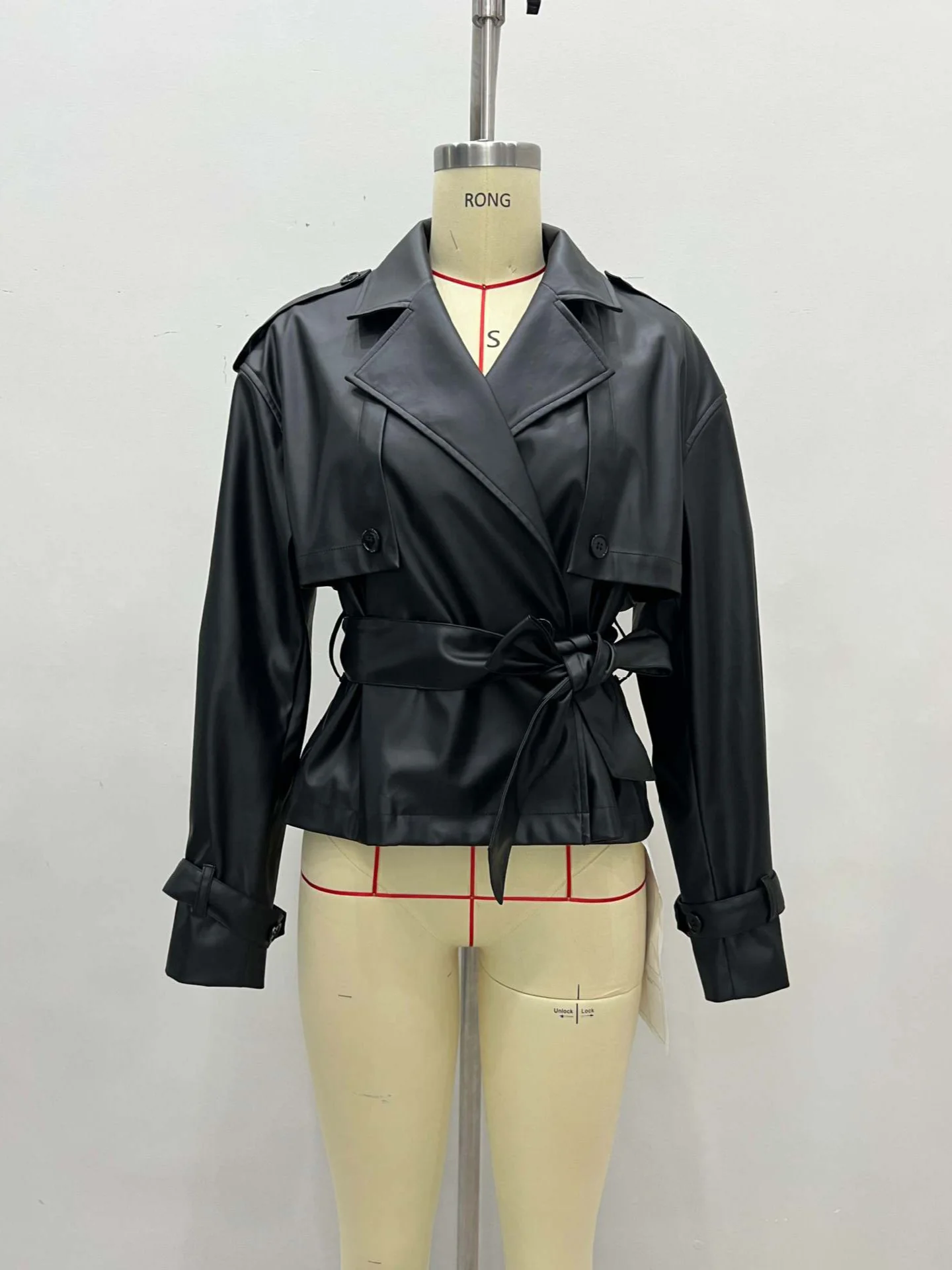 Women PU leather coat new waist belt cool fashion street solid color black v neck PU coat women's clothing