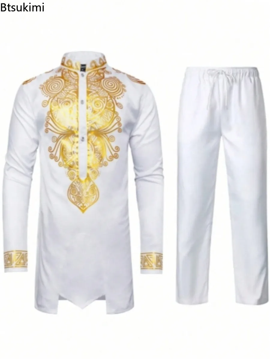 2024 Men's Fashion Gold Stamping Casual Suits Long-sleeved Stand Collar Top and Pants Two Pieces Men African Traditional Clothes