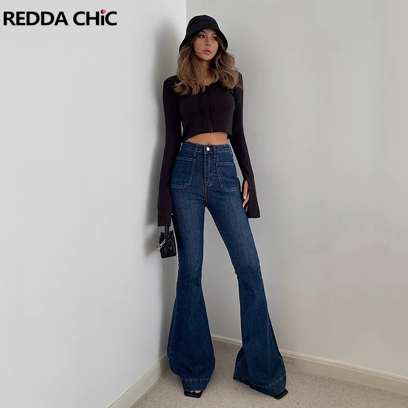 

ReddaChic Retro Blue Solid Flare Jeans Women Cleanfit High Rise Stretch Washed Bootcut Denim Pants Office Lady Casual Clothes