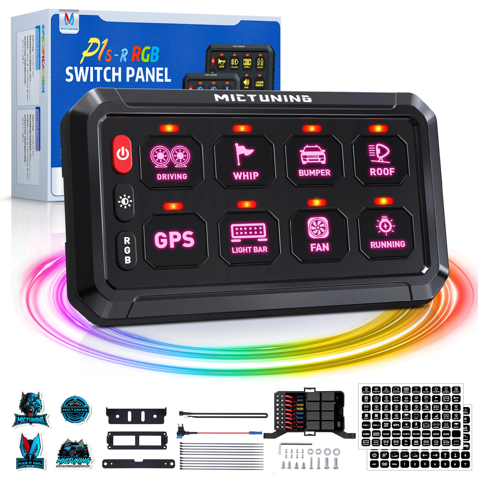 MICTUNING RGB 8-voudig schakelpaneel Aan-uit tuimelschakelaar Momentary Circuit Control Relay System Box Universele Pod Touch voor vrachtwagen