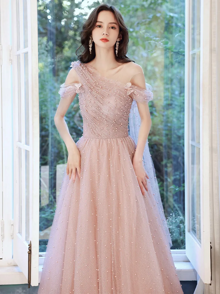 

Gorgeous Beaded Pink Evening Dress 2022 New Elegant Pearls Beading Banquet Long Dresses Formal Party Gowns Vestido