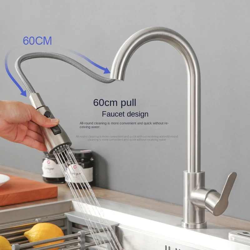 

Brushed Nickel Kitchen Faucet Flexible Pull Out Nozzle Kitchen Sink Mixer Tap Stream Sprayer Head Deck Black Hot Cold Water Taps