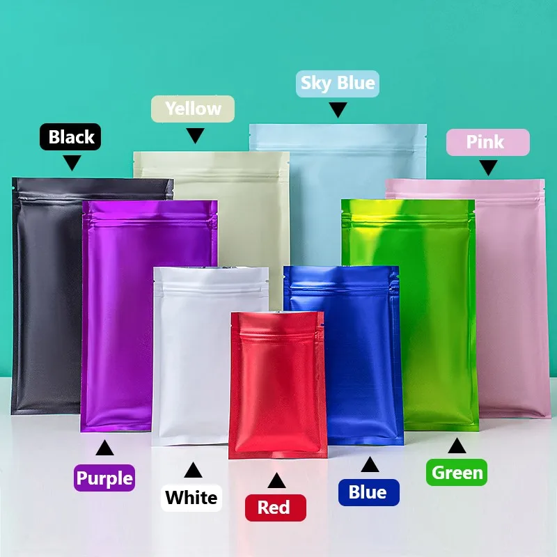 50 Uds. Bolsas Ziplock de aluminio de colores mate, bolsas de almacenamiento autoselladas reutilizables, bolsas resellables de calidad alimentaria para cocina