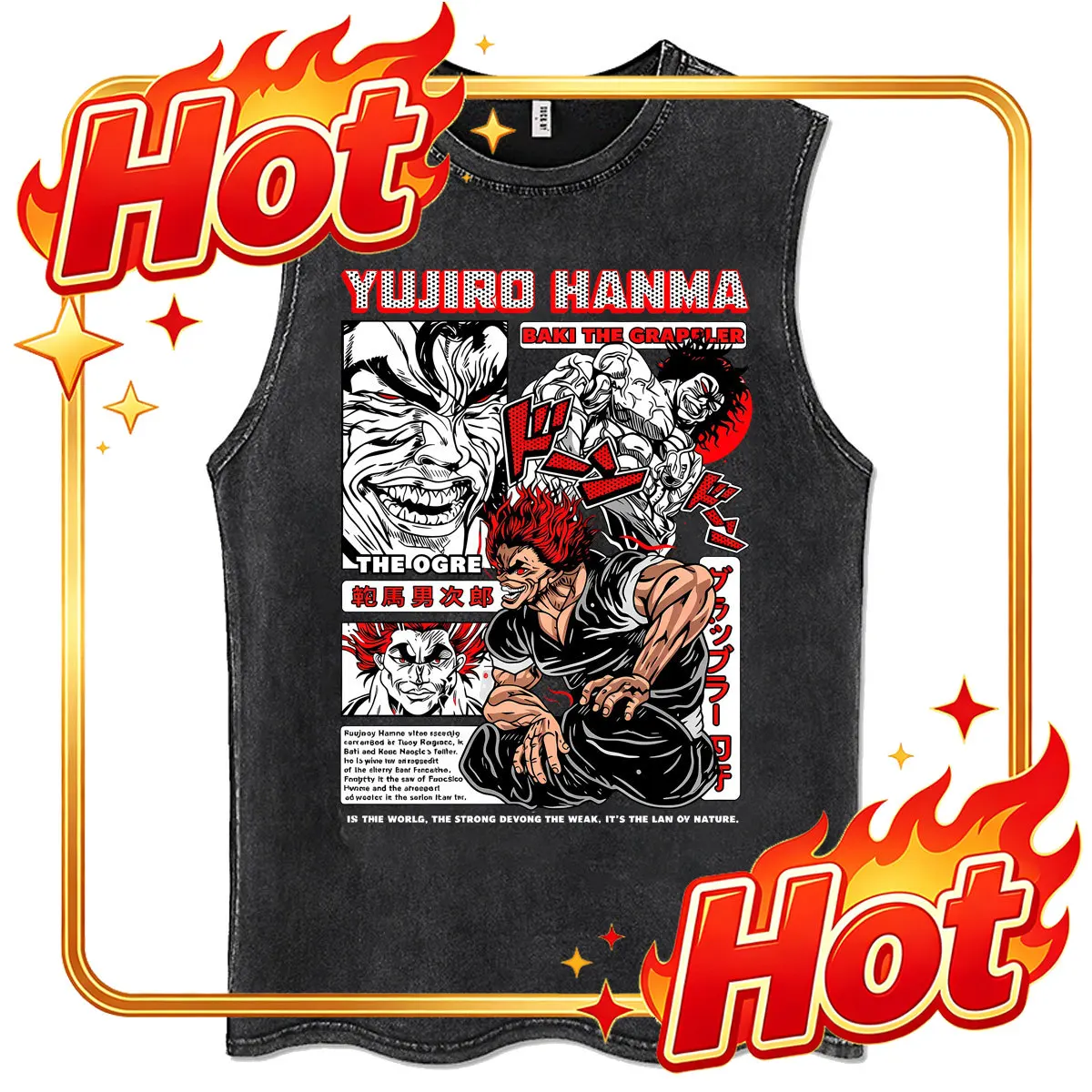 Custom Hot Sale Anime Baki Yujiro Hanma Vintage Washed Tank Tops T Shirts Men's Women Manga Oversized Cotton Sleeveless Vest T-s