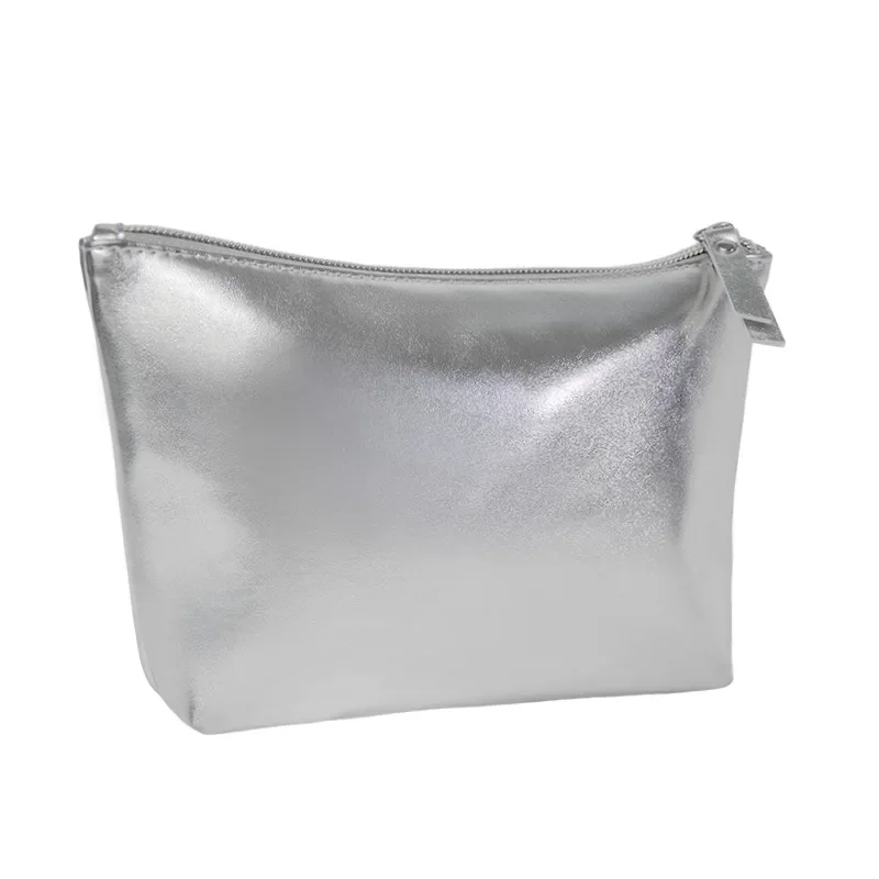 Ins New Fashion Silver Soft Leather Clutch Makeup Bag Cosmetic Storage Bag Travel Portable Skincare Organizer Toilet Bag Pouch