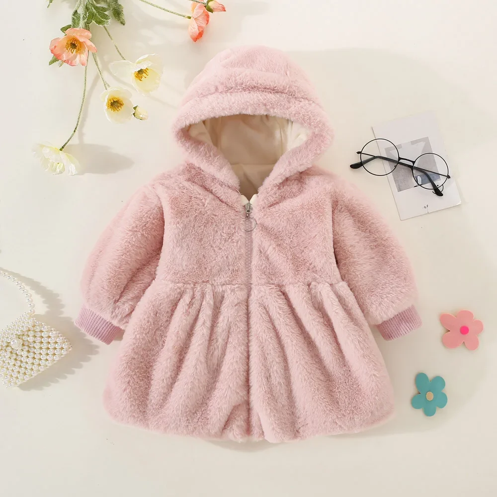 Winter Newborn Girls Long Sleeve Fur Cotton Coat Hooded Thickened Baby Coat Children's Fashion Baby Clothing Free Bag