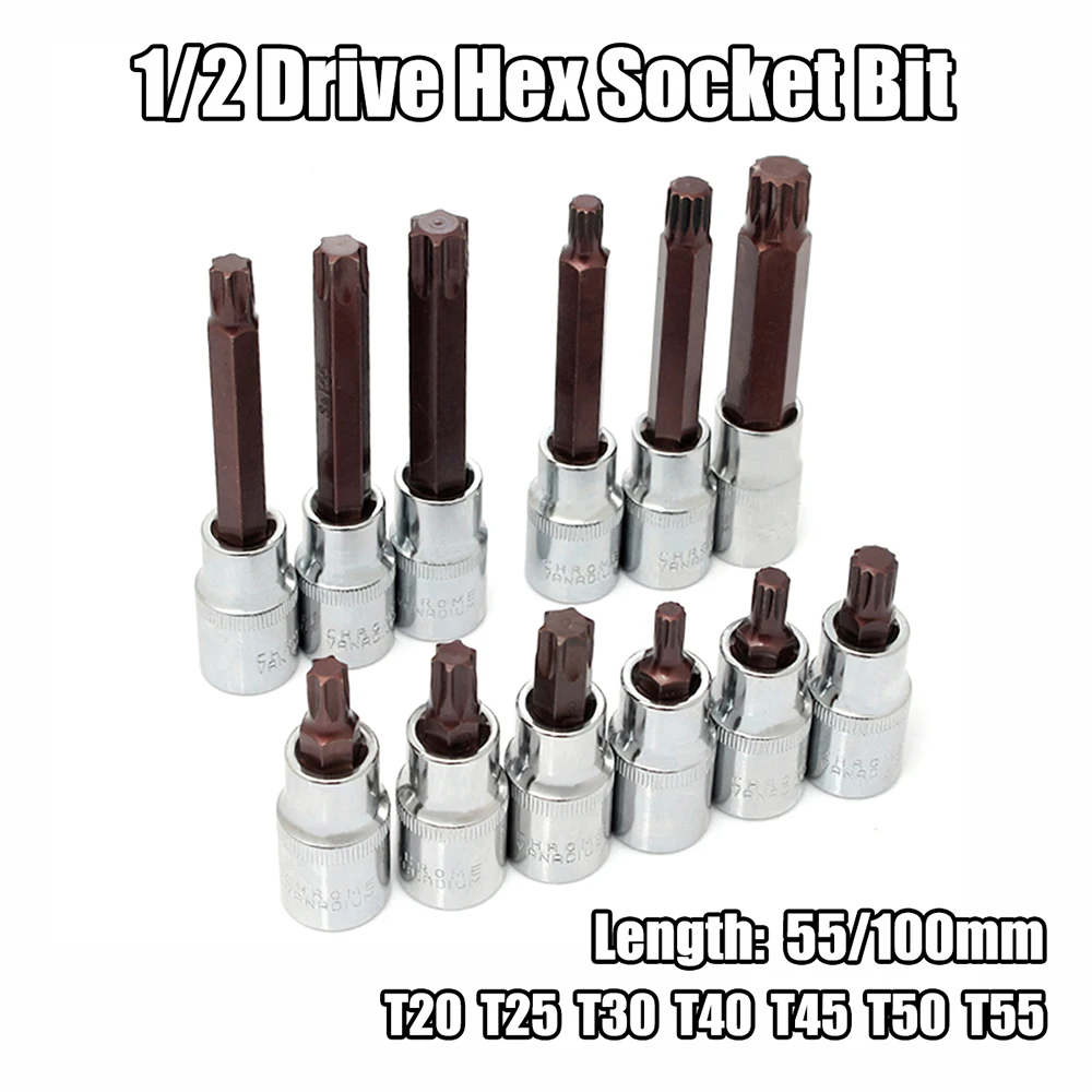 

1/2/5Pcs 1/2 S2 Drive Hex Socket Bit Length 55/100mm Screwdriver Bits Hand Tools T20 T25 T30 T40 T45 T50 T55 Sockets Hand Tools