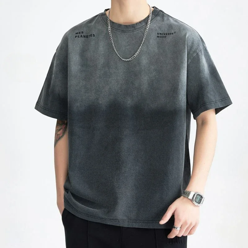 

Round Neck Loose Large Size Cotton Trend Tees Summer American Style Gradient Green Men's Short-sleeved T-shirt Male High Street