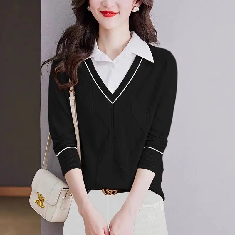 Fashion Lapel Knitted Spliced Fake Two Pieces Blouses Women's Clothing 2024 Autumn Winter New Loose Casual Tops Commuter Shirts