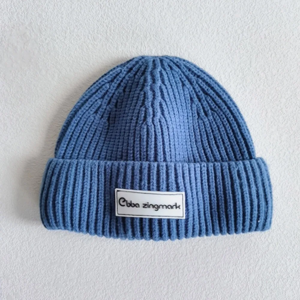 

New Letter Label Beanie Cap Warm Windproof Toddler Knitted Hat Solid Color Woolen Pullover Cap Autumn Winter