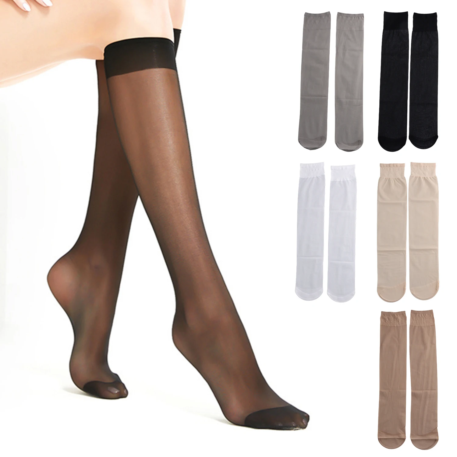 

1 Pair High Elastic Women Knee Highs Socks Solid Nylon Stockings Ultrathin Transparent Over The Knee Socks Stocking