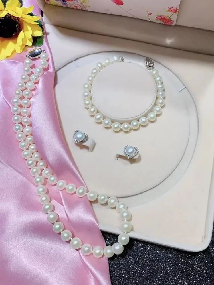 Natural AAAA8-9mm Pearl Necklace 18in+Bracelet 7.5-8in Earrings 3-Piece Set 925s- view 5