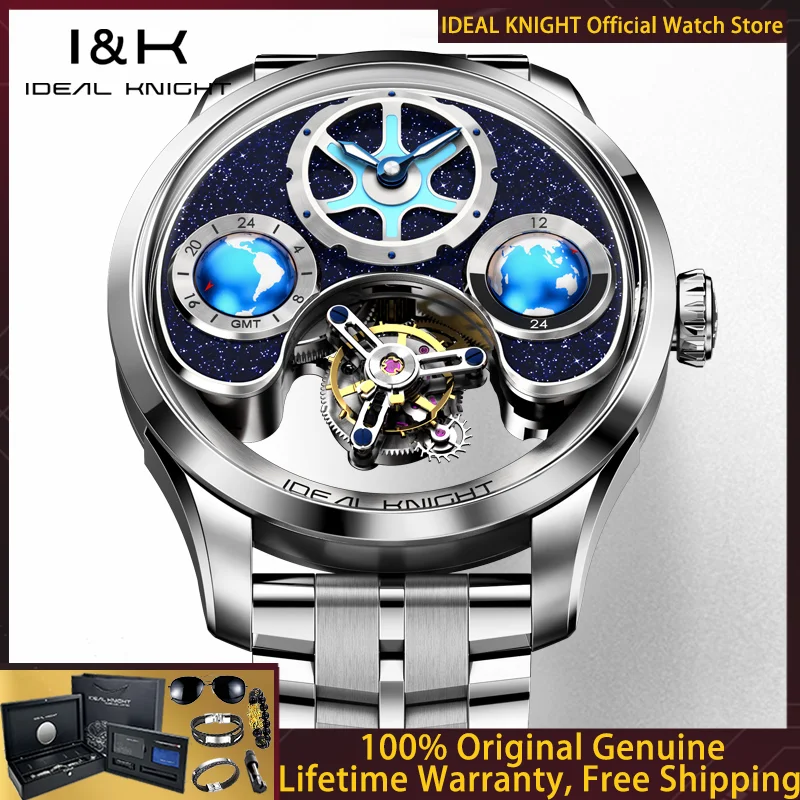 

IDEAL KNIGHT 6805 Tourbillon Watch Luxury Brand Automatic Mechanical Watch 100% High end GMT Multi time Zone Setting Men Watch