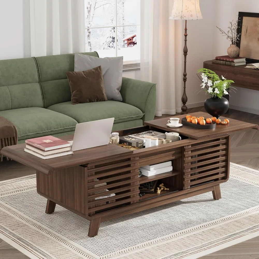 

Coffee Table with Storage, Fluted Small Center Table with Sliding Tabletop and Hidden Storage, Cabinets, Adjustable Shelves