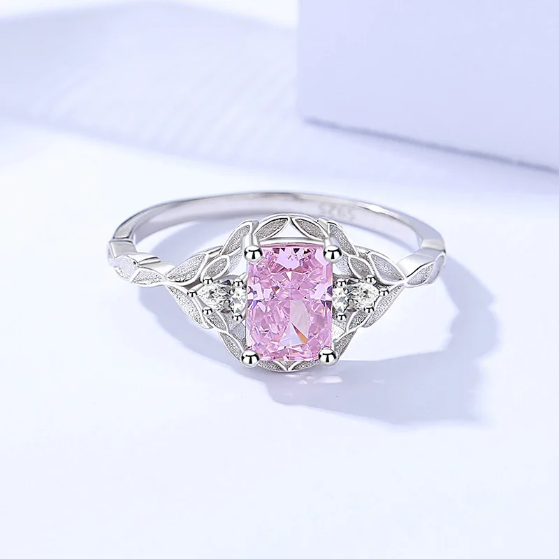 

S925 sterling silver light pink square ice flower cut zircon ring personalized fashion women in Europe and America light luxury