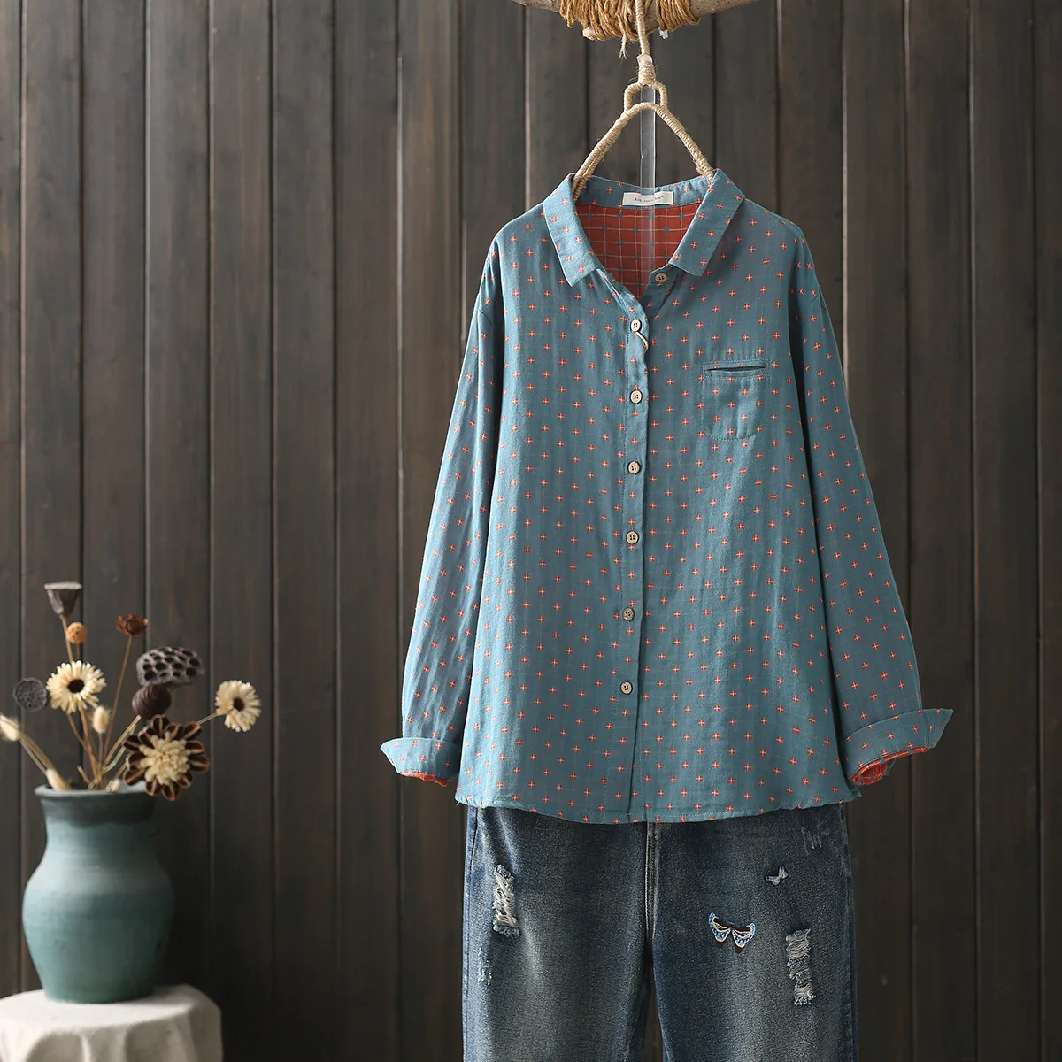 Japan Style Floral Print Women's Double Layer Cotton Yarn Soft Comfortable Long Sleeve Shirt Spring Fall Fashion Blouse Tops