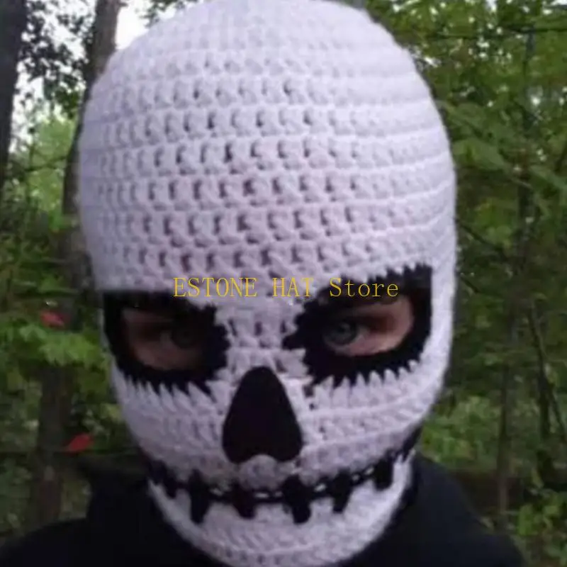 49MF Scary Halloween Knitted Hat Warm Full Face Cover Ski Mask Hat Windproof Balaclava Hat for Men Womens