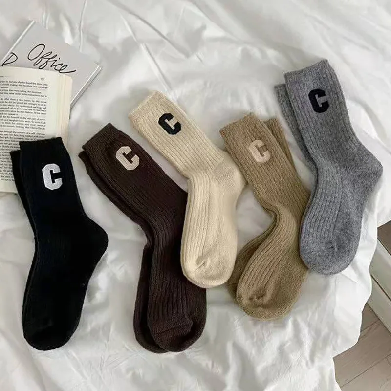 Luxury Women Wool Socks Warm Winter Thick Cashmere Casual Japanese Fashion Solid Color Comfortable Home Sock Long High Quality