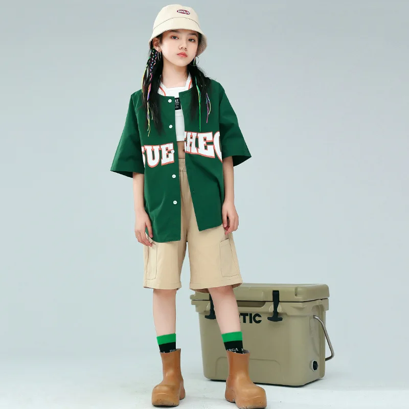 

Kid Hip Hop Clothing Dark Green Oversized Cardigan Baseball Shirt Top Khaki Cargo Shorts for Girl Boy Jazz Dance Costume Clothes