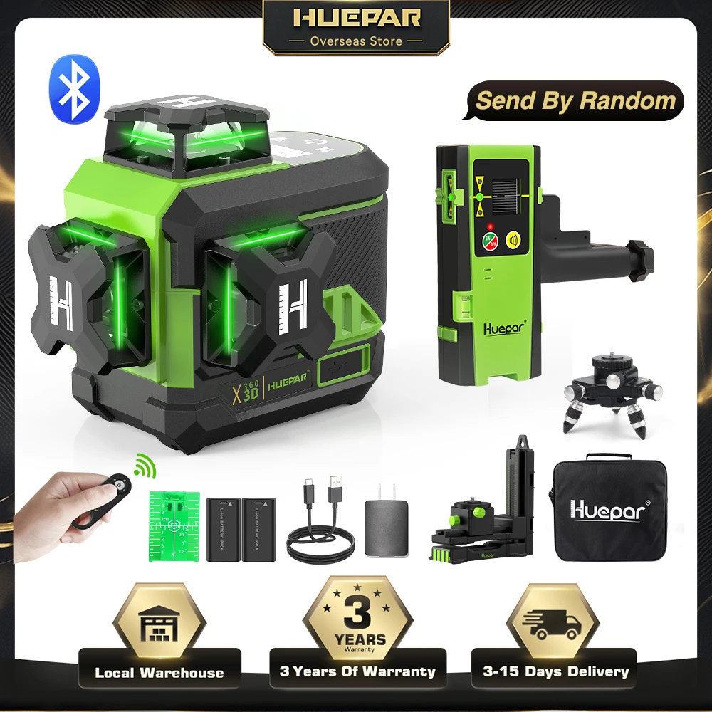 Huepar Z03CG+LR-6RG Livella laser a 12 linee, linea incrociata verde, autolivellante, 2 batterie agli ioni di litio, con Bluetooth e telecomando, strumenti laser con ricevitore laser e rilevatore