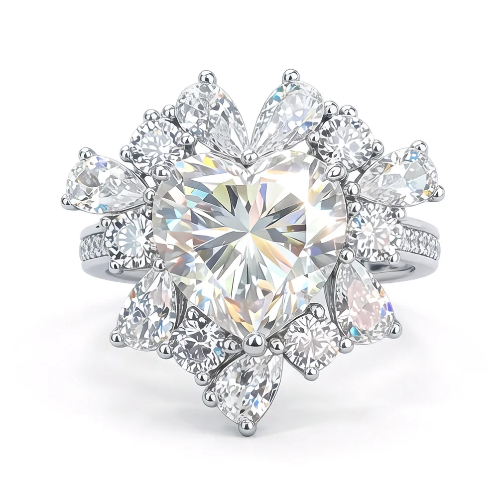 6CT Heart Cut Moissanite Floral Halo Engagement Ring 925 Sterling Silver Luxury Promise Wedding Rings For Women Fine Jewelry
