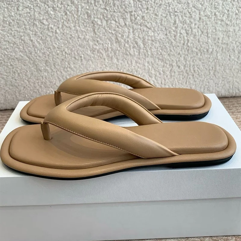 Split Toe Women Versatile Beach Slippers Genuine Leather Flat Bottom Flip Flops Summer Outdoors Vacation  Swimming Shoes Slides