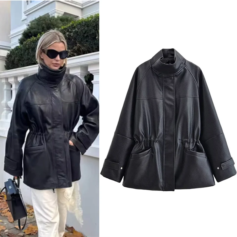 Giacca da donna in pelle nera da strada colletto alla coreana manica lunga cerniera in vita tasche chiuse cappotto femminile moda capispalla da donna nuovo